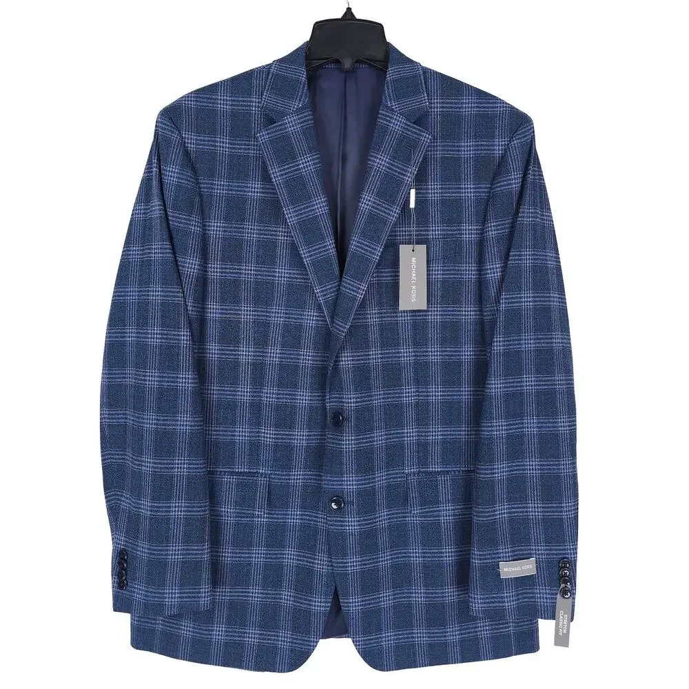 Michael Kors Mens Classic Fit Sport Coat Blazer 42L Blue Plaid Stretch NWT